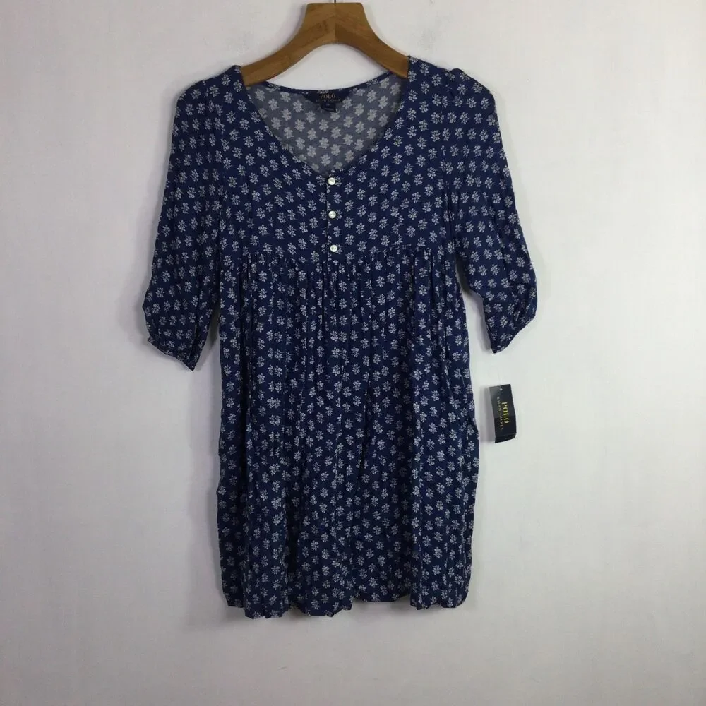 Polo Ralph Lauren Girls Floral Print Boho Dress Denim Blue White Size 14 NWT